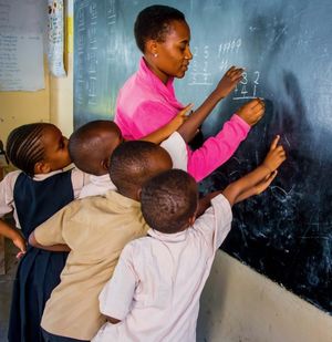 teacher and kids at blackboard